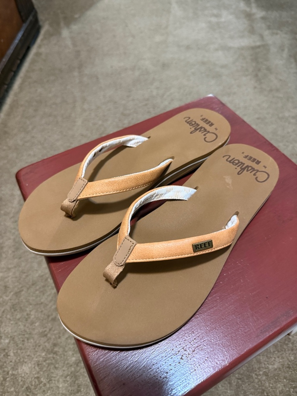 Reef Leather Flip Flops in Tan and Cream - Picture 3 of 6